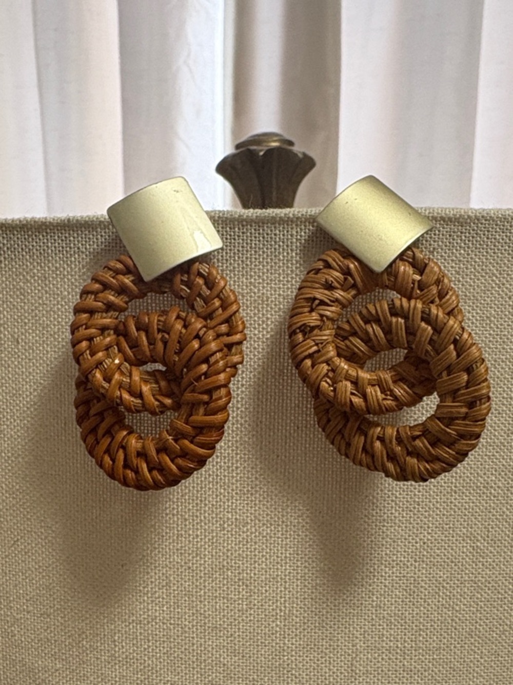 Woven Double Hoop Drop Earrings - Brown